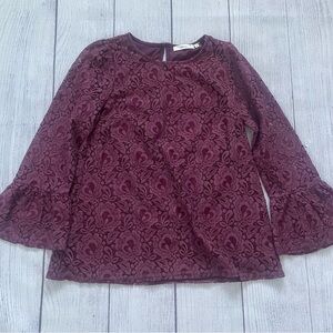 Andree by Unit Lace Overlay Burgundy Bell Sleeve Blouse Size Small